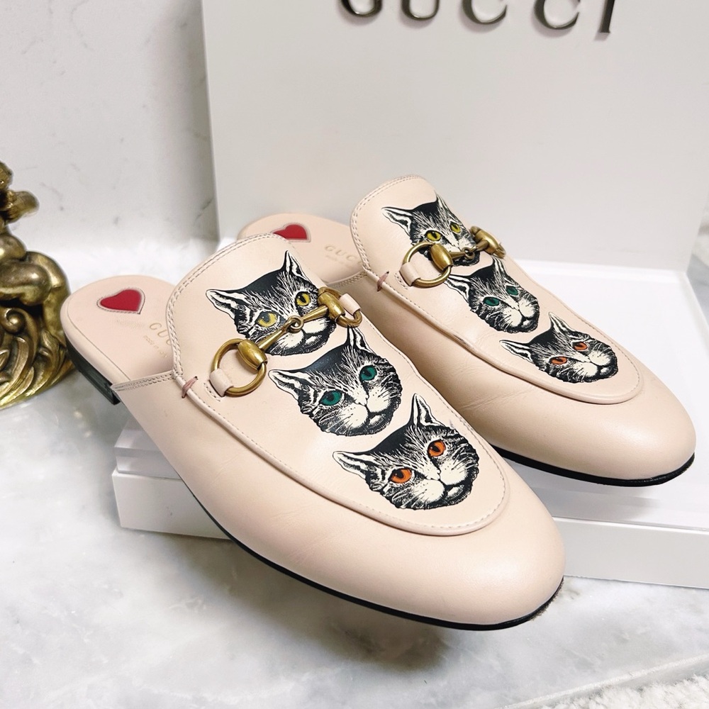 Authentic Gucci Cream / Pink Cat Embroidered Horsebit Leather Princetown Mules - Picture 12 of 14